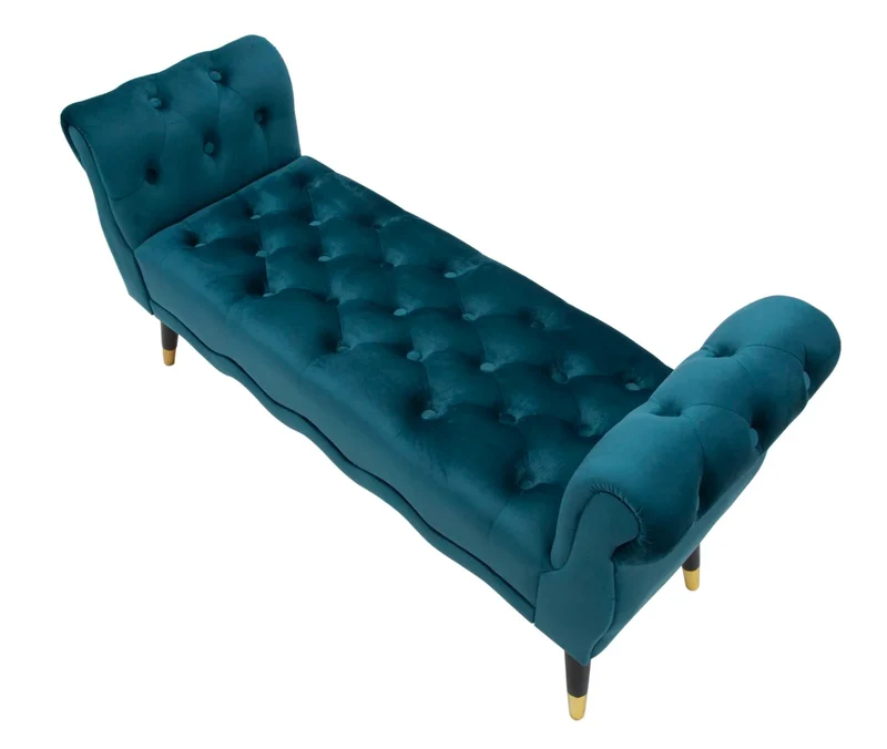 Banc en velours bleu sarcelle avec pieds dorés – Siège rembourré Paris