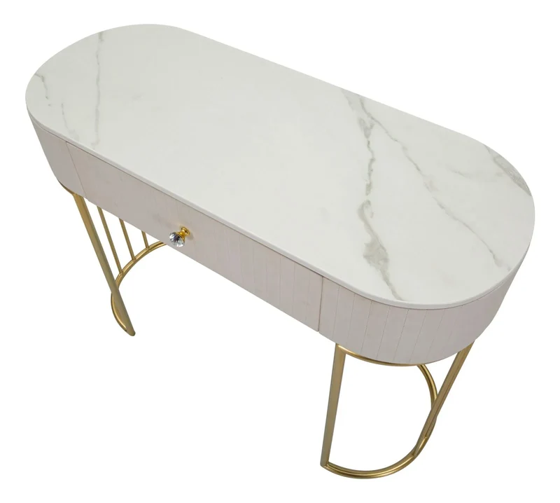 Table console crème avec pieds en métal doré (plateau en marbre)