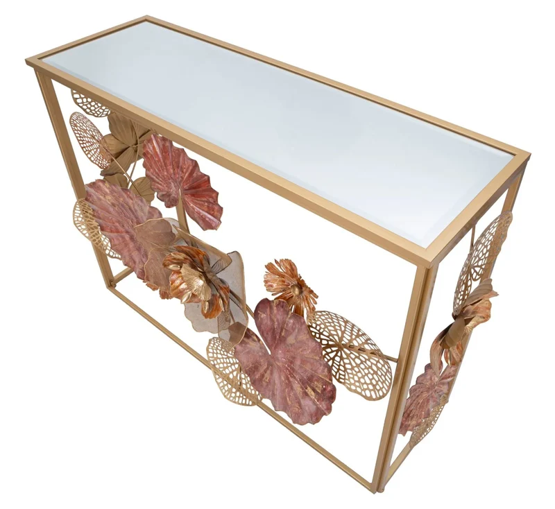 Table console en métal et verre rouge doré avec décor de feuilles et de fleurs