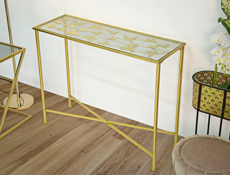 Table console rectangulaire en métal et verre doré (papillon)