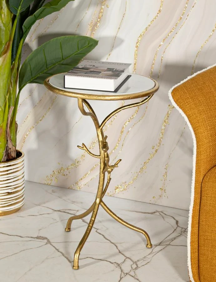 Table d'appoint ronde en marbre artificiel avec piètement arbre doré – Birds Modern Design
