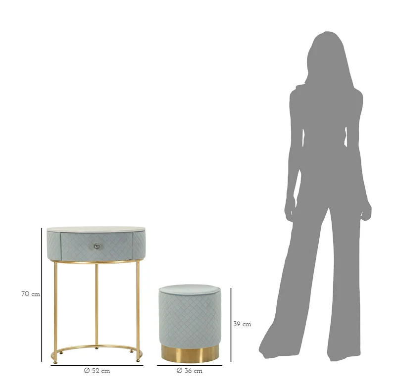 Table de chevet bleu clair avec pouf assorti et plateau en marbre – Coiffeuse Velit