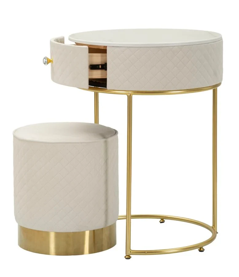 Table de chevet crème avec pouf assorti et plateau en marbre – Coiffeuse Velit