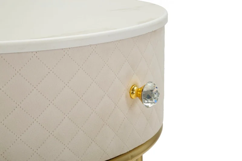 Table de chevet crème avec pouf assorti et plateau en marbre – Coiffeuse Velit