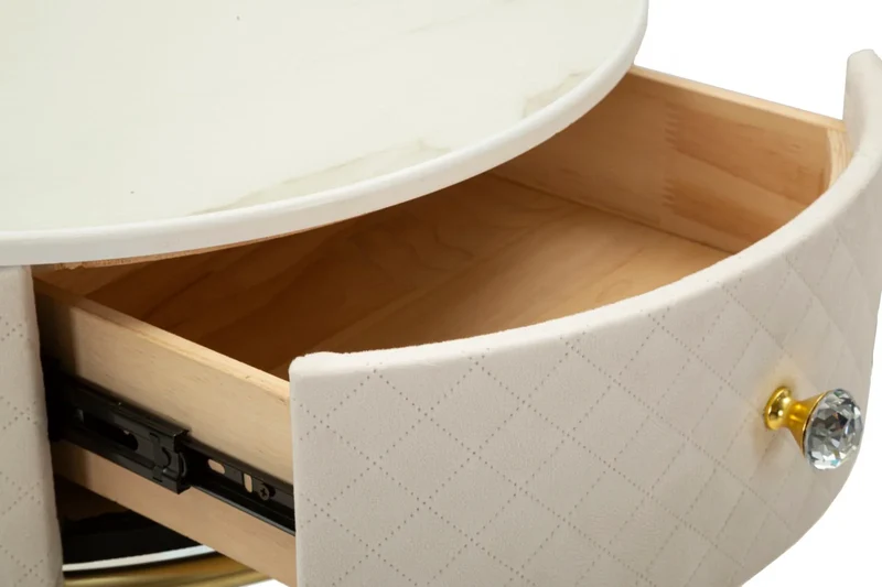 Table de chevet crème avec pouf assorti et plateau en marbre – Coiffeuse Velit