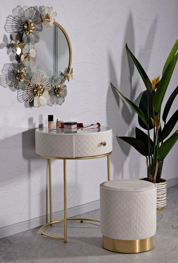 Table de chevet crème avec pouf assorti et plateau en marbre – Coiffeuse Velit