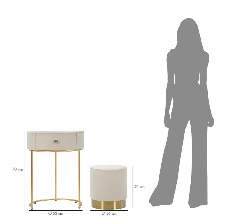 Table de chevet crème avec pouf assorti et plateau en marbre – Coiffeuse Velit