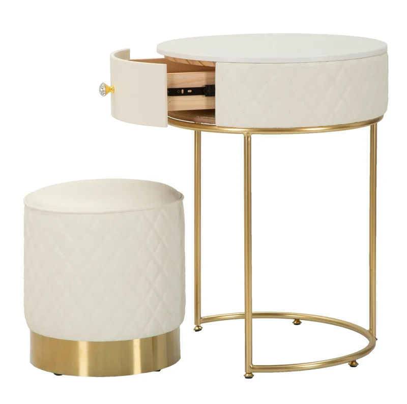 Table de chevet haute blanche avec tabouret – Ensemble moderne Sharon avec plateau en marbre