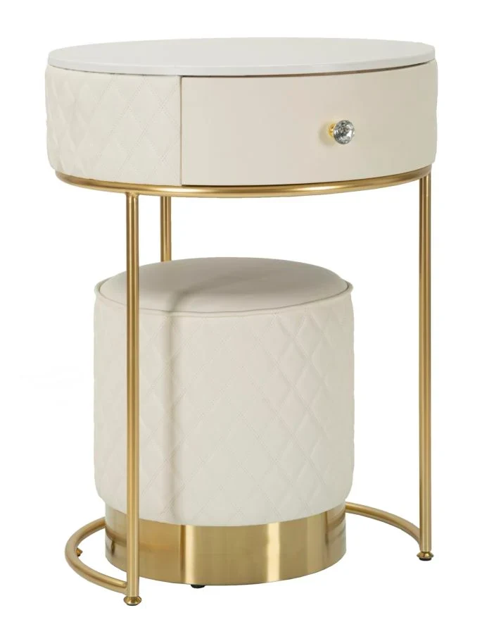 Table de chevet haute blanche avec tabouret – Ensemble moderne Sharon avec plateau en marbre