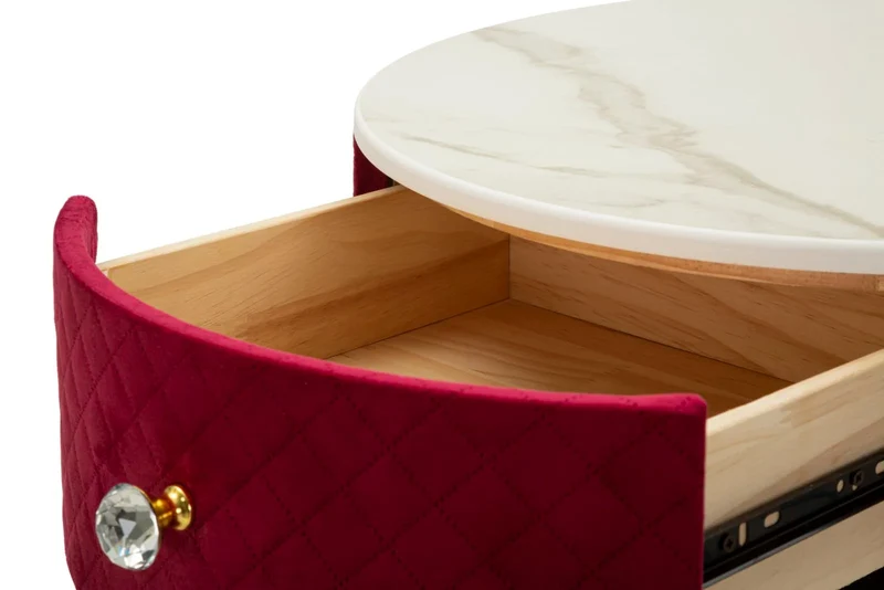 Table de chevet rouge avec pouf assorti et plateau en marbre – Coiffeuse Velit