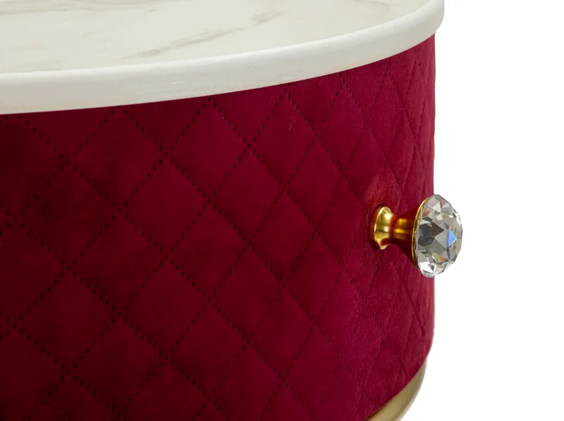 Table de chevet rouge avec pouf assorti et plateau en marbre – Coiffeuse Velit