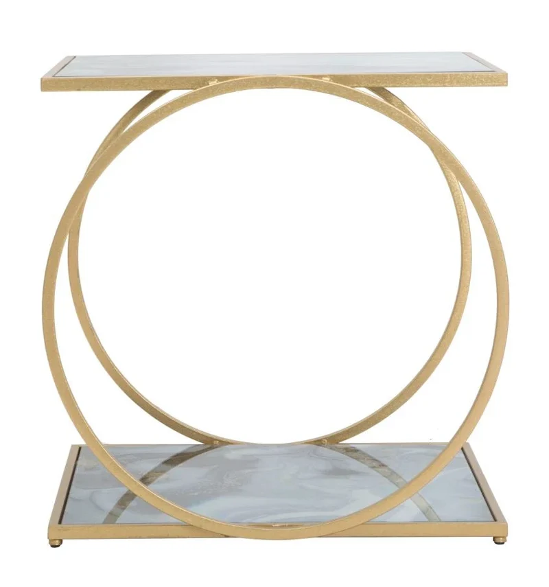 Table d’appoint carrée en métal doré avec plateau et fond en marbre gris