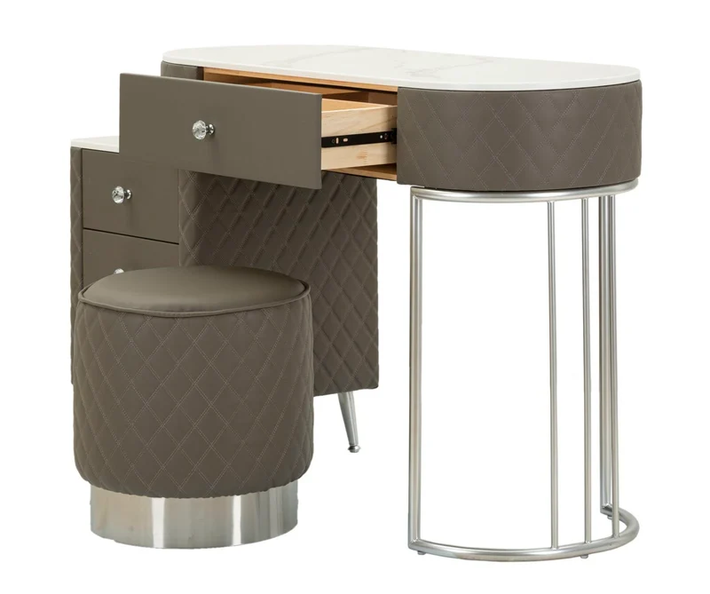 Bureau de lit gris avec tabouret et pieds argentés – Sharon Modern Style avec plateau en marbre
