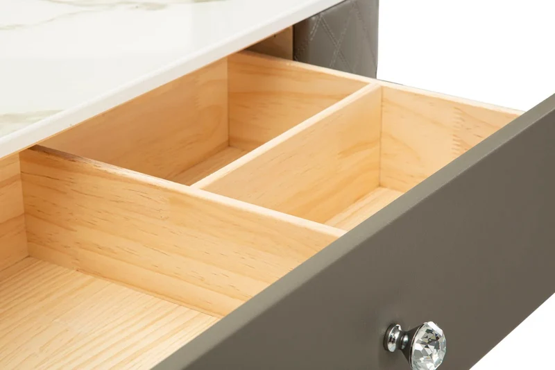 Bureau de lit gris avec tabouret et pieds argentés – Sharon Modern Style avec plateau en marbre