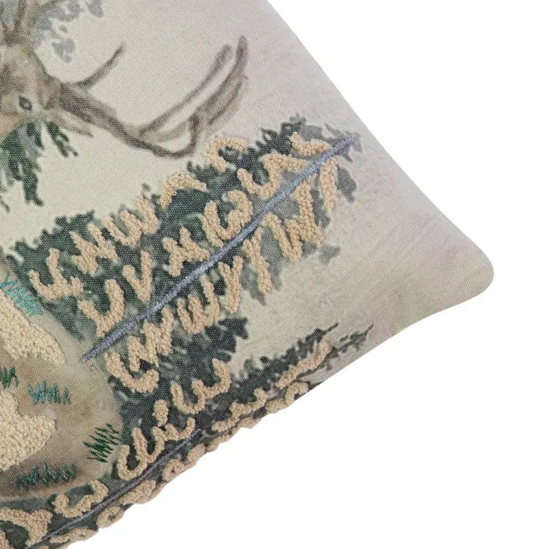 Coussin Beige Scène Forestière avec Cerf et Biche (Imprimé et Brodé)