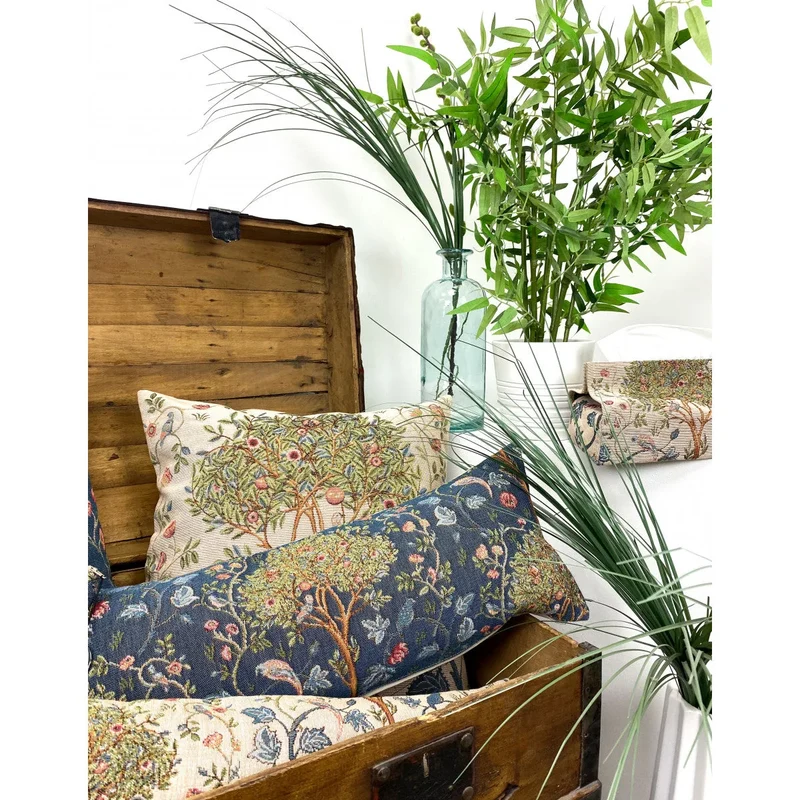 Coussin Beige – Arbre avec Oiseaux (Tapisserie Gobelin, Tissage Jacquard)