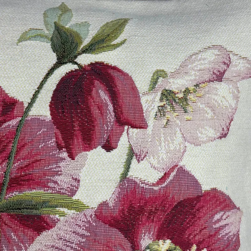 Coussin Blanc – Rose de Noël aux Fleurs Rouges (Tissage Jacquard)