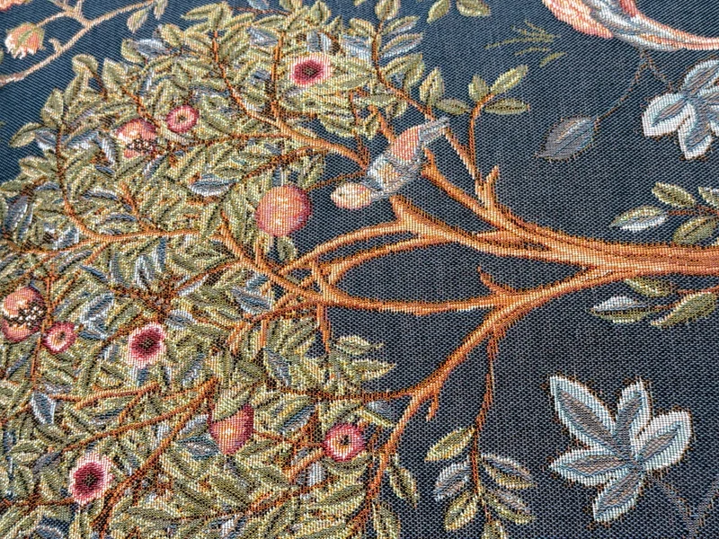 Coussin Bleu – Arbre avec Oiseaux (Tissage Jacquard)