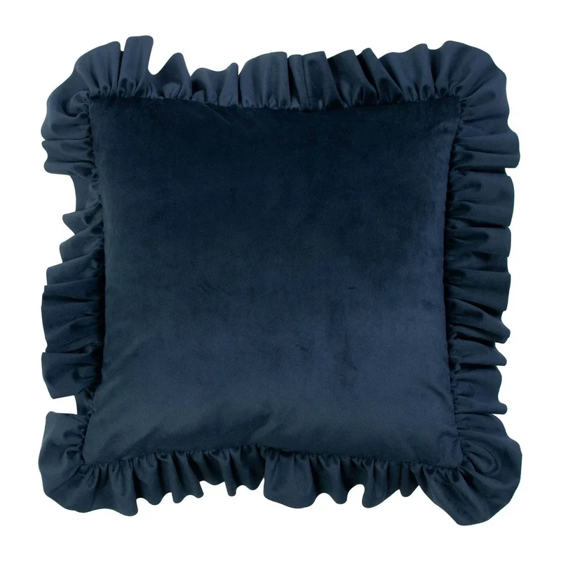Coussin en Velours Bleu Marine avec Volants Décoratifs Élégants