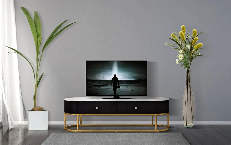 Meuble TV en bois noir avec base dorée – Montpellier Meuble moderne avec plateau en marbre