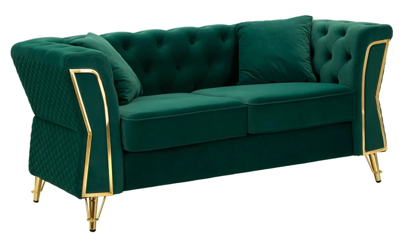 Canapé en velours vert avec coussins – Canapé 2 places Emy
