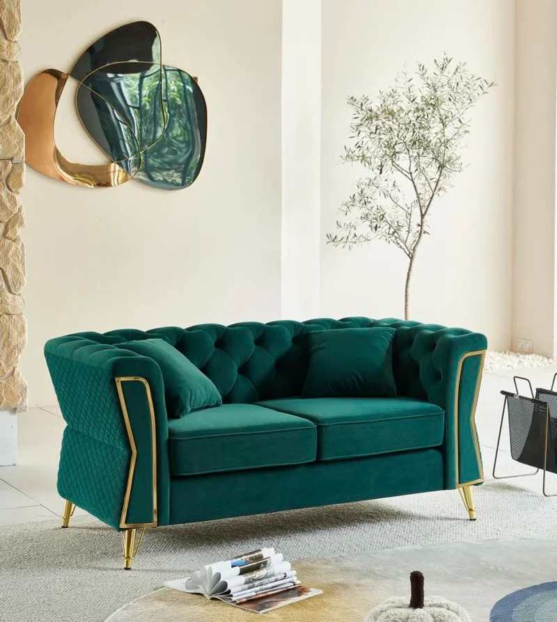 Canapé en velours vert avec coussins – Canapé 2 places Emy