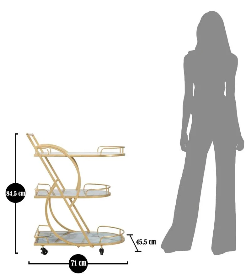 Chariot de cuisine en métal doré et marbre avec 3 étagères