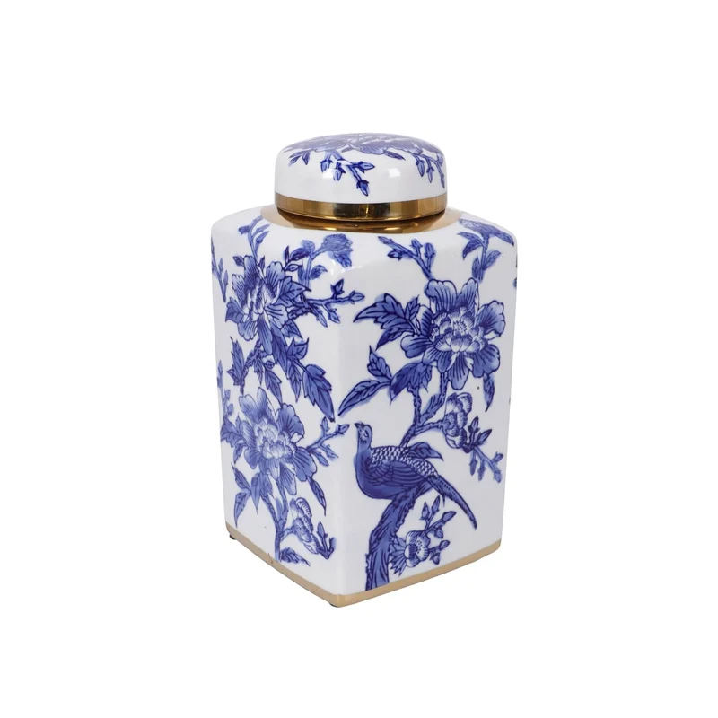 Pot à gingembre en porcelaine florale bleue et blanche avec bord doré
