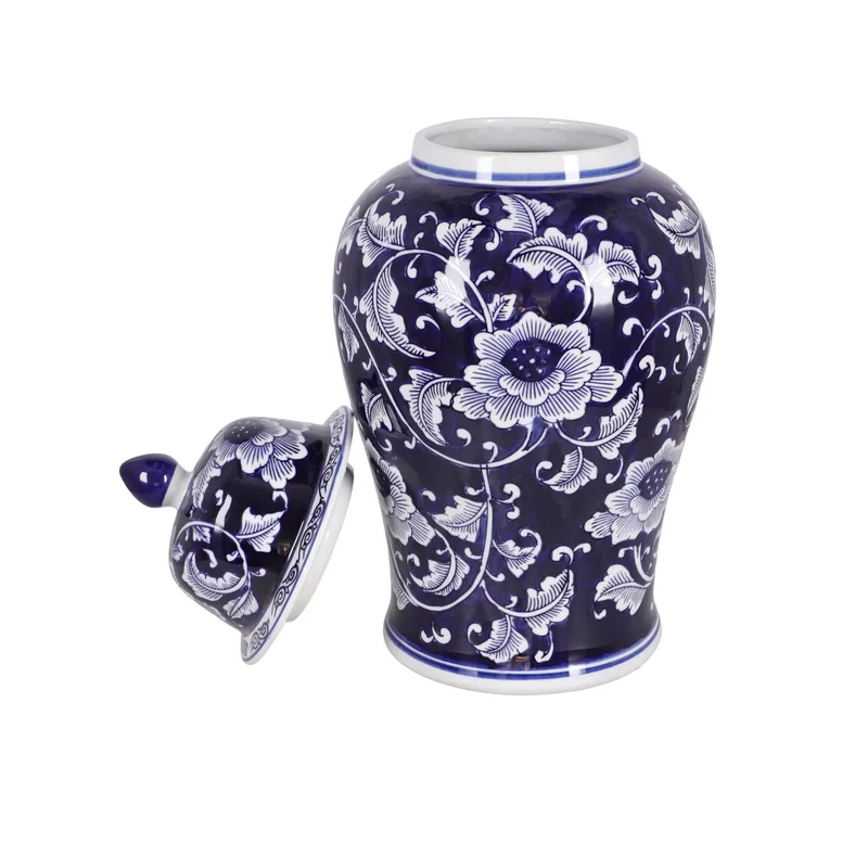 Potiche temple en porcelaine florale bleue et blanche
