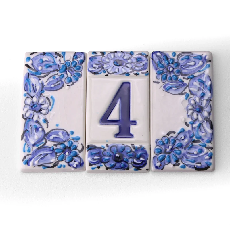 Numéro de Maison en Céramique Fleurs Bleues
