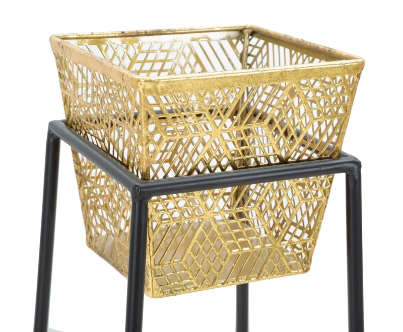 Paire de supports de vase carrés en métal doré avec support noir