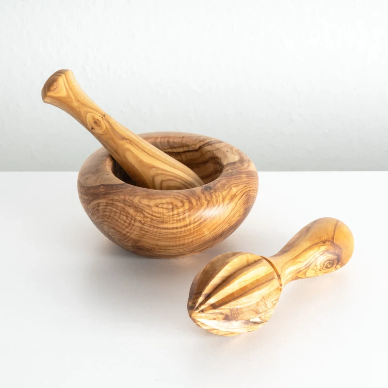 Set Culinaire Essentiel en Bois d’Olivier Fait Main (Mortier & Presse-Citron)