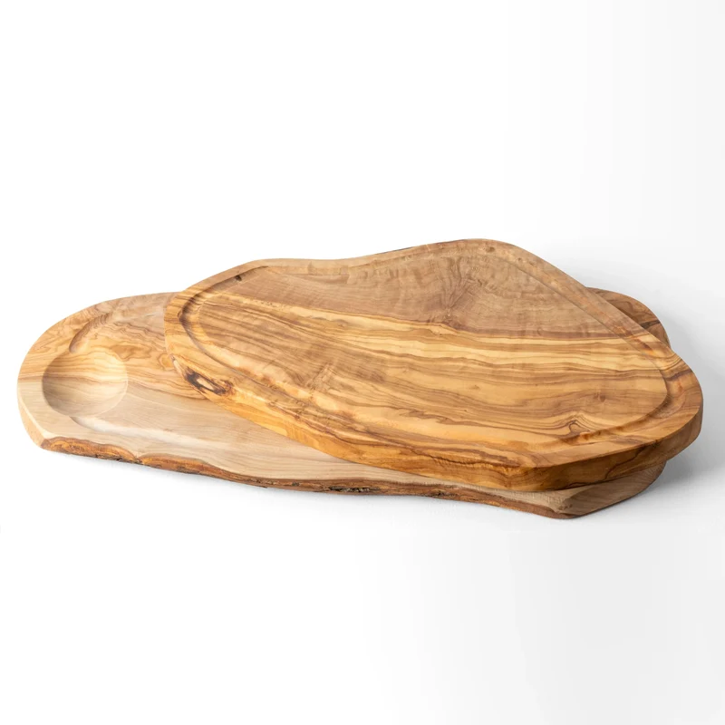 Set de Planches à Découper avec Rainure – Forme Irrégulière – Bois d’Olivier Fait Main (2 Pièces)