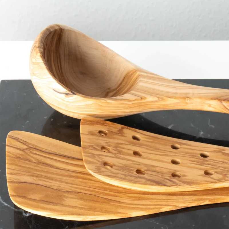 Set d’Ustensiles de Cuisine en Bois d’Olivier Fait Main (3 Pièces)