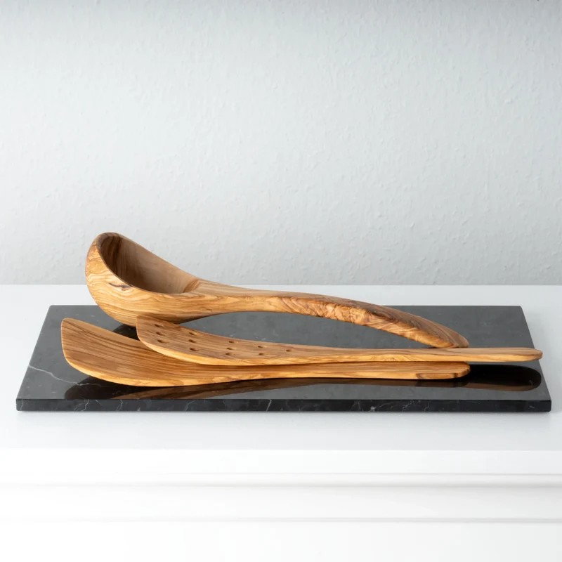 Set d’Ustensiles de Cuisine en Bois d’Olivier Fait Main (3 Pièces)