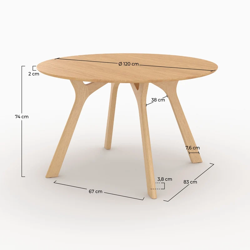 Table ronde Izzi 4 personnes en bois d'hévéa massif et placage en chêne D120 cm