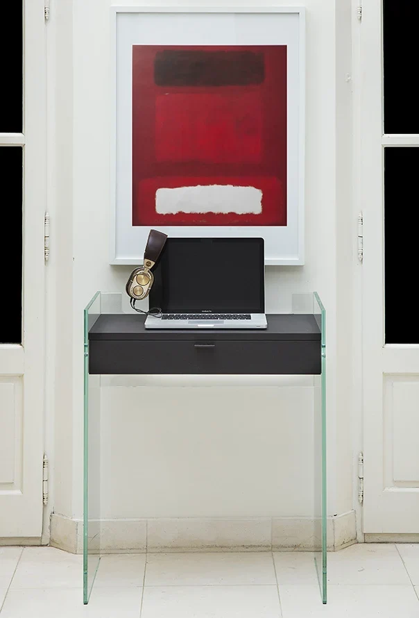 Bureau Console Zen 13 | Verre Trempé, Tiroir Bois et Poignée Cuir