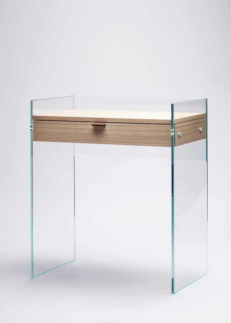 Bureau Console Zen 13 | Verre Trempé, Tiroir Bois et Poignée Cuir