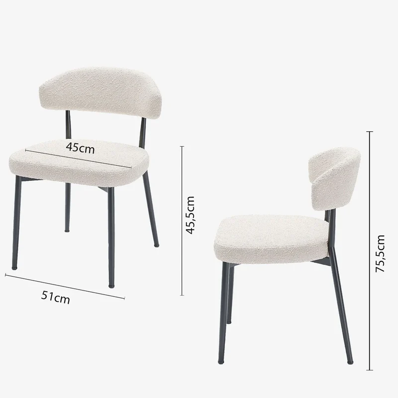 Lot de 2 chaises de salle manger en tissu bouclette blanche & m tal noir Mona