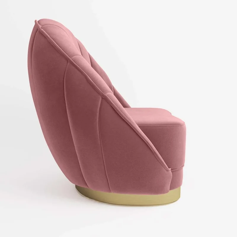 Fauteuil en velours rose vintage, base cerclage dor effet laiton