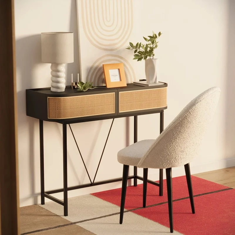 Table console noire avec tiroirs rotin tress , Daphn