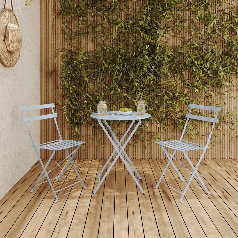 Lot de 2 chaises de jardin Kayla en métal bleu pastel, pliantes