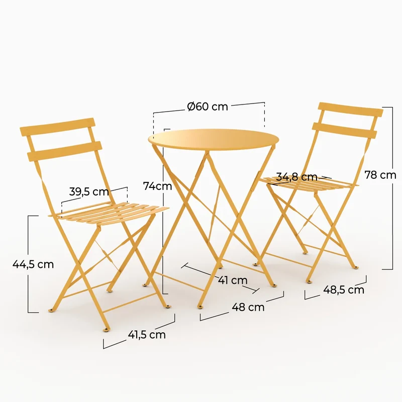 Table ronde et chaises de jardin pliantes Kayla 2 places en métal jaune