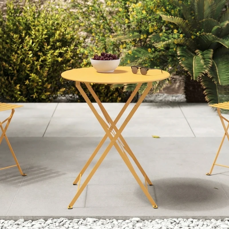 Table ronde et chaises de jardin pliantes Kayla 2 places en métal jaune