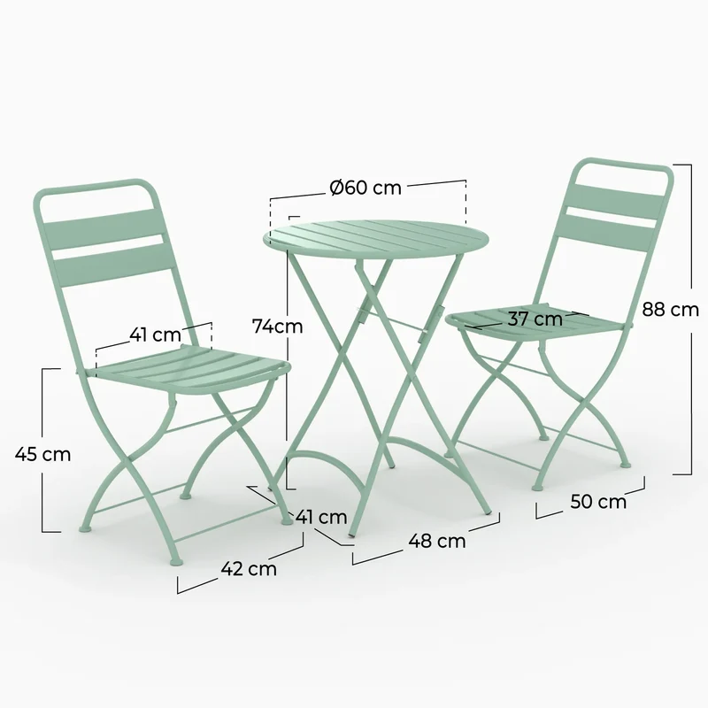 Table ronde et chaises de jardin pliantes Yumi 2 places en métal vert