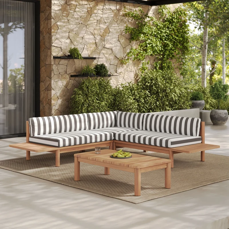 Salon de jardin Nadila 4 personnes en teck massif et tissu rayé gris