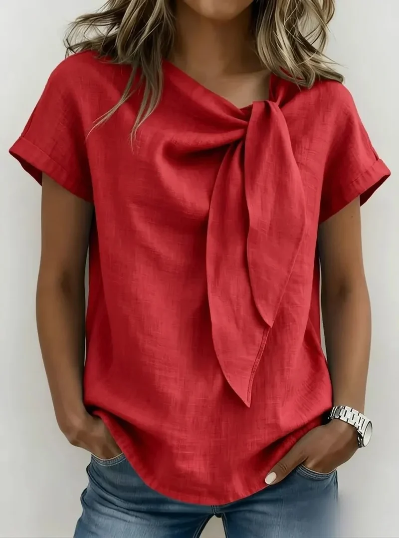 Chemisier Décontracté à Col Noué – T-shirt Élégant Manches Courtes