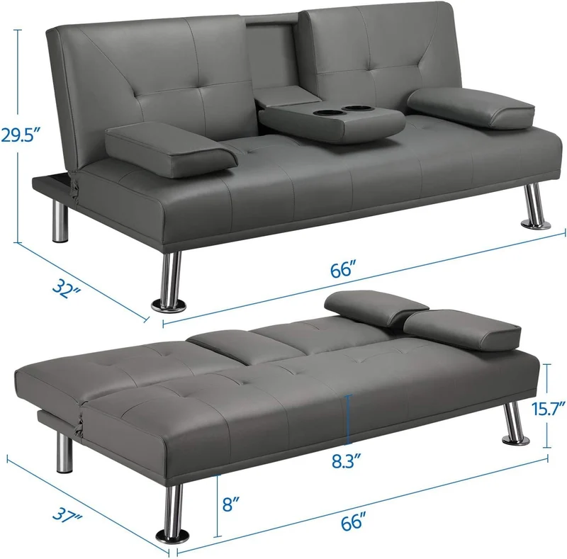 Yaheetech Convertible Sofa Bed Adjustable Couch Sleeper Modern Faux Leather Home Recliner Reversible Loveseat Folding Daybed Guest Bed, Removable Armrests, Cup Holders, 3 Angles, 772lb Capacity, Black