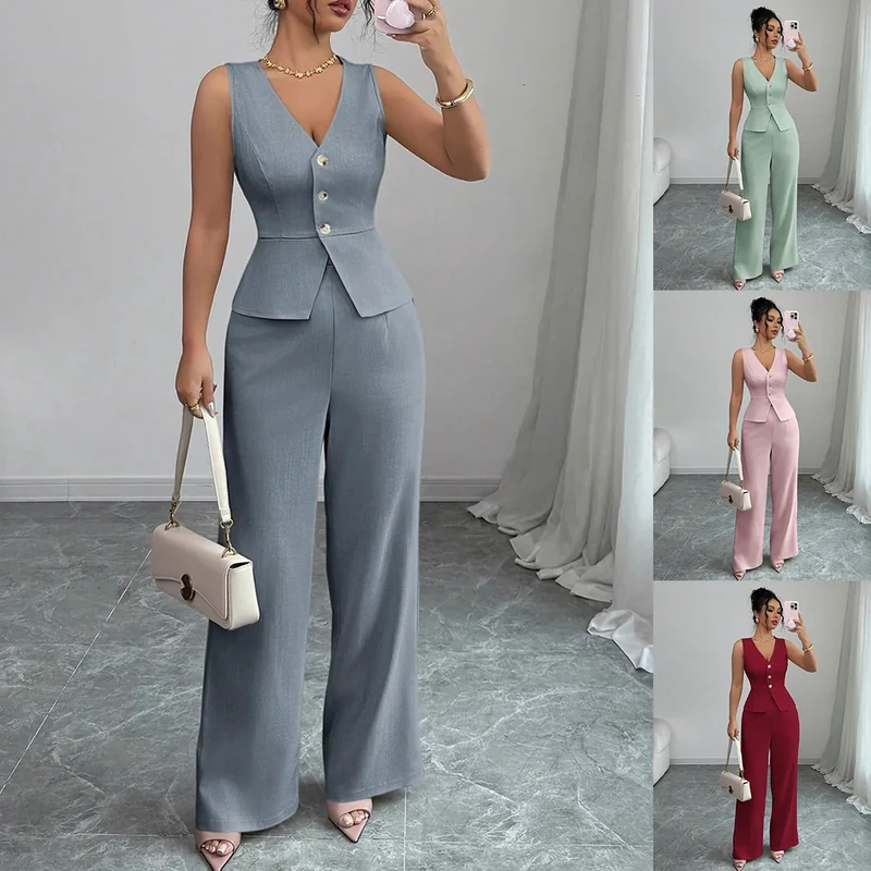 Ensemble Estival Chic – Veste Sans Manches et Pantalon Taille Haute