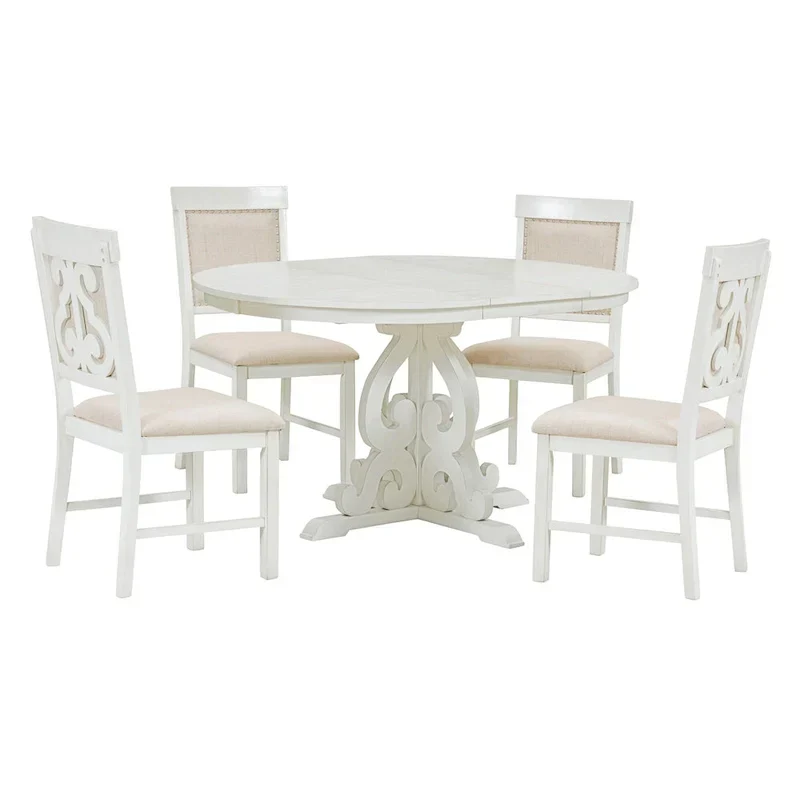 Vintage White 5-Piece Wooden Dining Set with Extendable Table and 4 Chairs